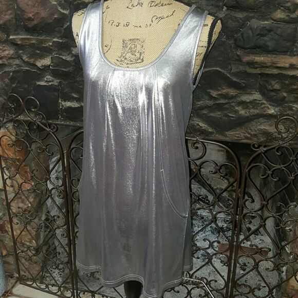 ACTUAL DRESS Designer Metallic Silver Dress With Pockets - Picture 3 of 6